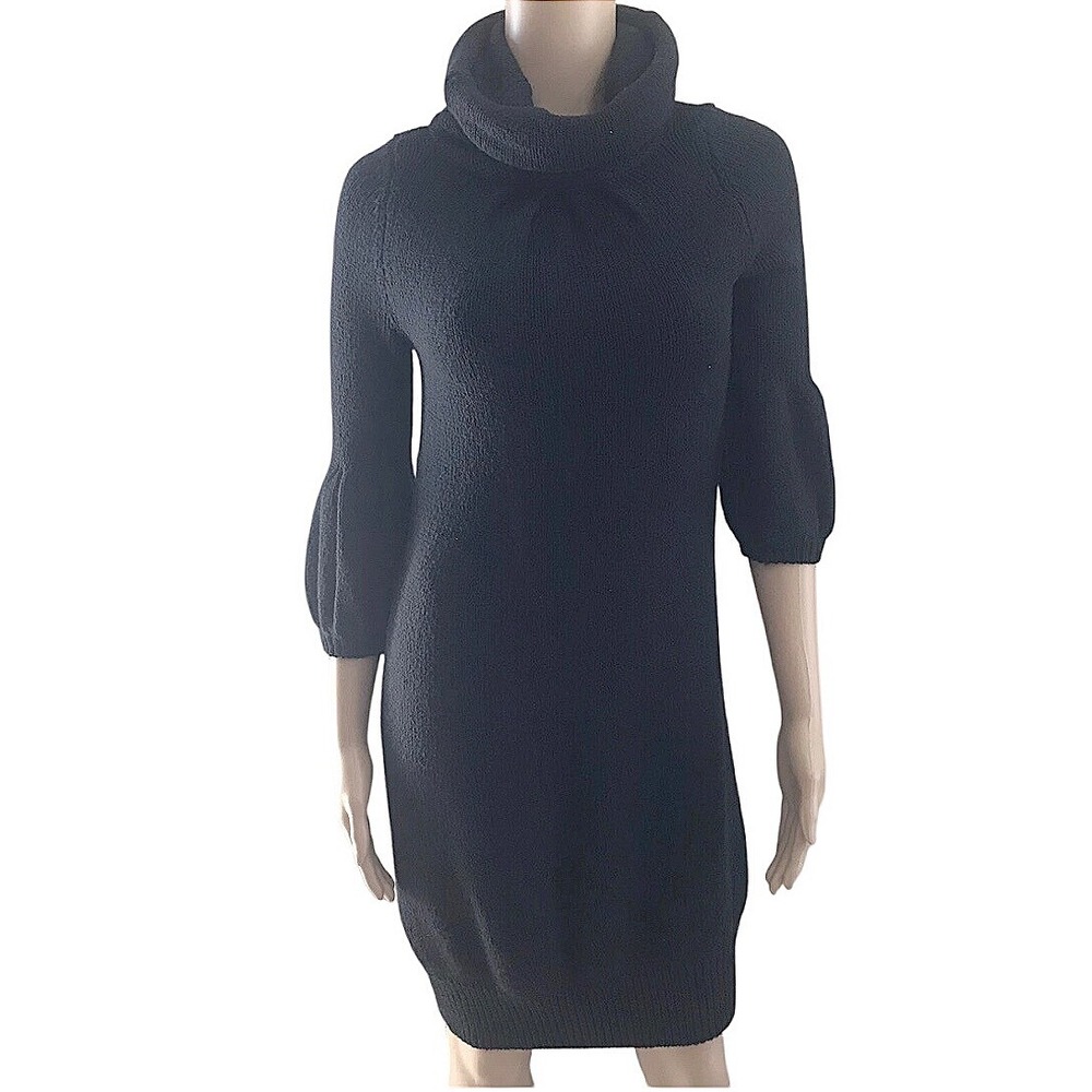 Vince Black Knit Sweater Dress 3/4‎ Sleeve Turtleneck Soft Wool Blend L